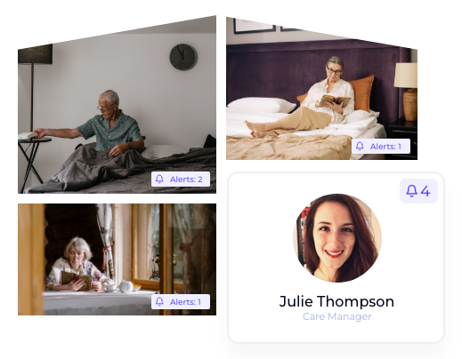 Examples of alerts from different clients in their homes, and an overview of the care manager notifications